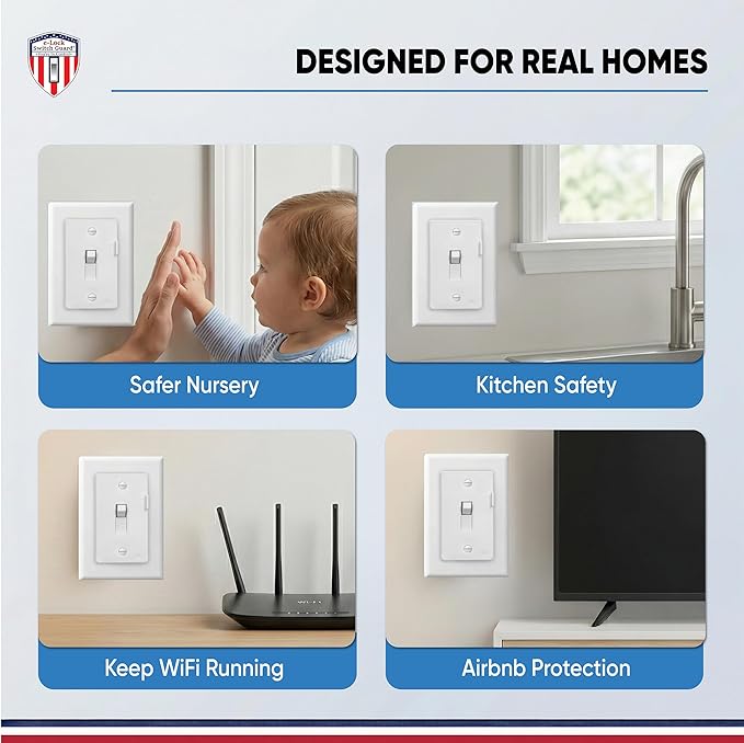 eLock Switch Guard for Toggle Switches | Child Proof Light Switch Lock with ON/OFF Push Button | Made in USA | Protect Devices, TV's, Security Camera, Gas Fireplace | Safety Cover | White | 4 Pack