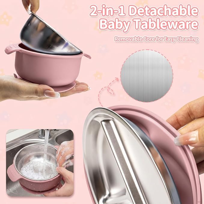 5-in-1 Stainless Steel Baby Feeding Set, Suction Divided Plates, Bowls, Silicone & Stainless Spoon Fork, Baby Tableware for Self-Feeding, Durable, BPA-Free (Pink)