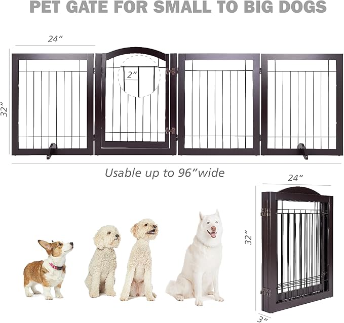 SPIRICH 96-inch Extra Wide 30-inches Tall Dog Gate with Door Walk Through, Freestanding Wire Pet Gate for The House, Doorway, Stairs, Pet Puppy Safety Fence, Support Feet Included(Espresso)