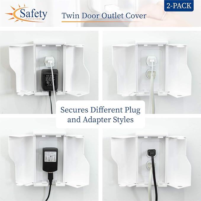 Safety Innovations Twin Door Baby Safety Outlet Cover Box for Babyproofing Outlets - More Interior Space for Extra Large Electrical Plugs and Adapters - Easy to Install - Easy to Use, (2-Pack)