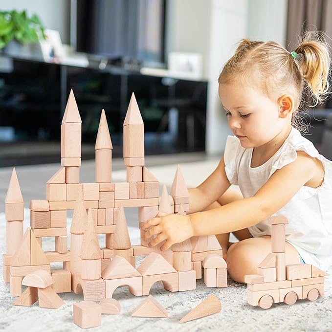 100Pcs Wooden Building Blocks Set- Wood Stacker Stacking Blocks Game Toys for Toddlers, Multiple Shapes, Toddles Blocks- Baby Wooden Blocks for Kids Learning and Playing