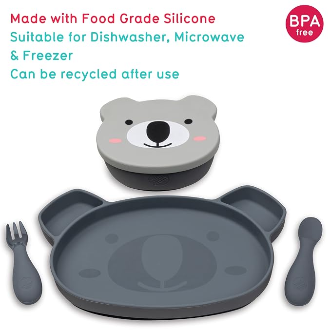TUM TUM Baby Dinner Set for Weaning, Includes Silicone Suction Plate & Bowl, Baby Cutlery, 6 Months Plus, Dishwasher Safe, BPA Free (Kev Koala)