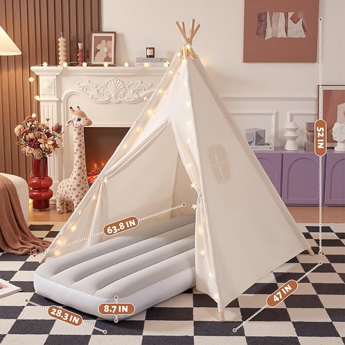 wilwolfer 2 Pack Teepee Tent for Kids with Inflatable Airbed, Indoor Play Tent Foldable for Boys Girls Party Sleepover Slumber Gifts Toy(Pink, White)