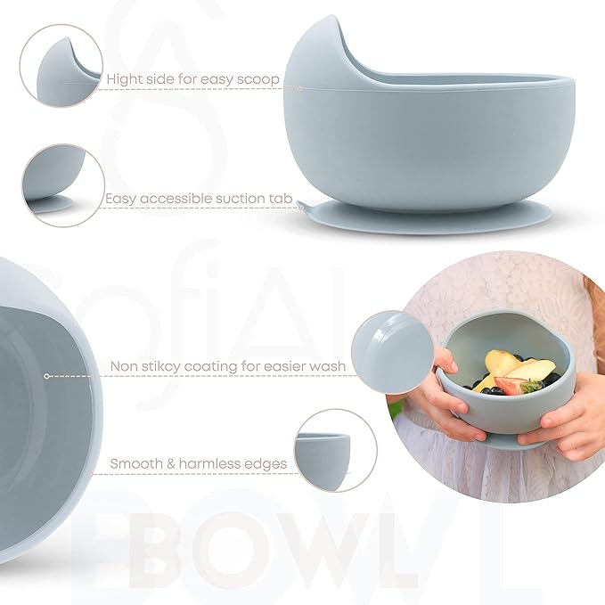 BPA-Free Non-Toxic Silicone Baby Feeding Set ??Suction Plate, Bowl, Bib & Cup ??11-Piece Baby Led Weaning Set for Ages 6-18 Months ??Eco Gift Bag (Dusty Blue)
