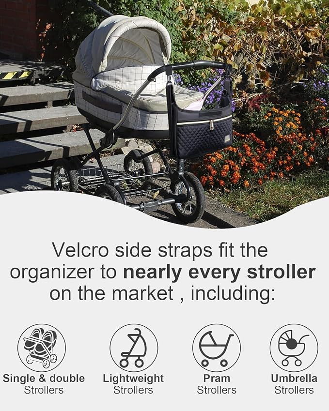 Universal Stroller Organizer Bag, Black Quilted Design with 2 Insulated Bottle Pockets, Multiple Storage Compartments, Tissue Holder, 6 x 4 x 2.5 Inches