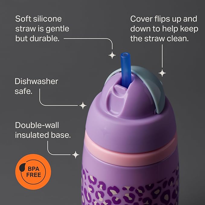 Tommee Tippee Active Straw Toddler Cups, 9 oz, Insulated Sippy Cups For Toddlers 1-3, Silicone Straw and Leak-Proof Valve, Pink and Purple, Pack of 2