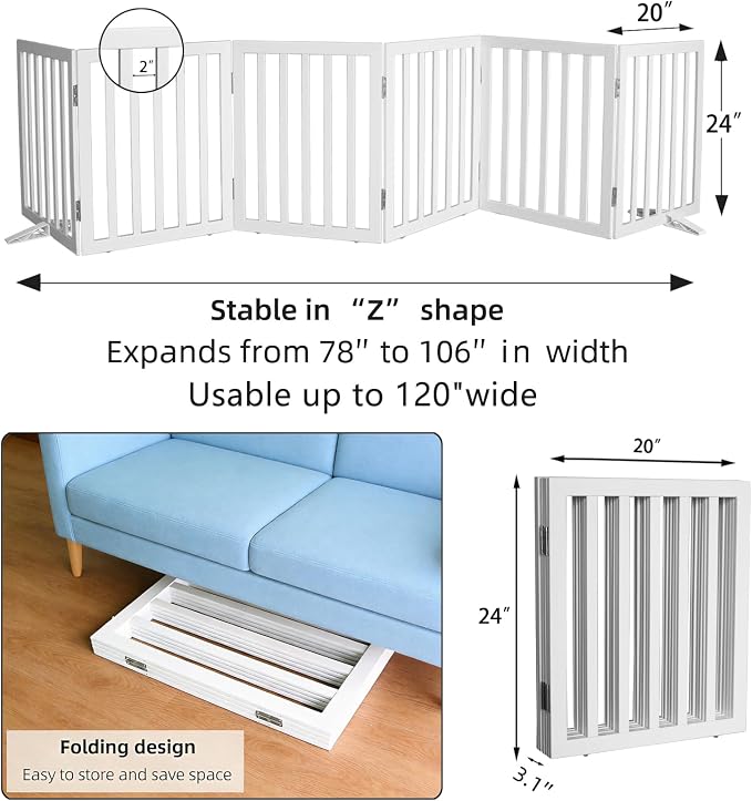Dog Gate Indoor, Freestanding Dog Fence for The House, Doorways, Hallways,or Stairs,Pet Gate Foldable Wooden,Expandable 24" Height 6 Panels,White