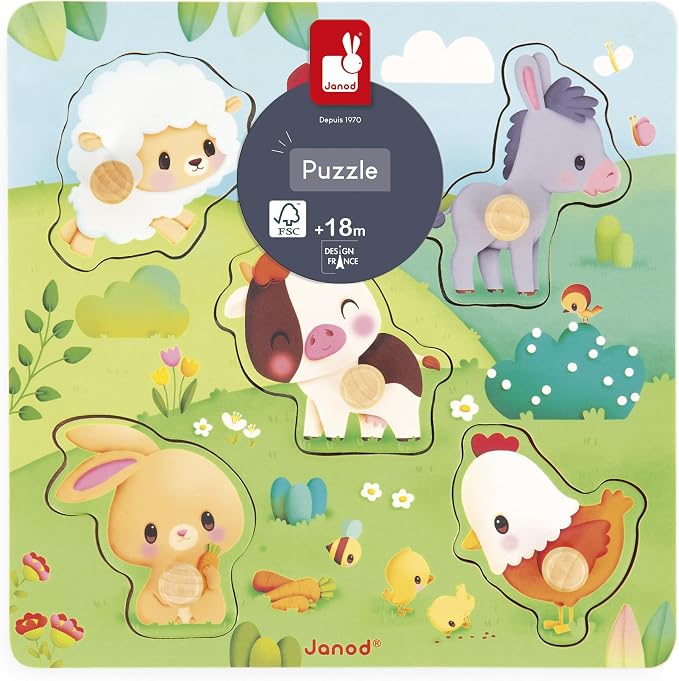 Janod - 5-Piece Wooden Tactile Puzzle - Farm Theme - Interlocking Puzzle with Textures - Educational Game - Touch, Fine Motor Skills and Concentration - from 18 Months, J07129