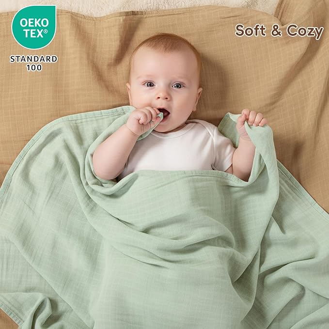 david's kids 4 Pack Baby Muslin Swaddle Blankets 47" x 47", 100% Cotton Swaddle Wrap for Boys Girls, Ultra Soft Breathable Receiving Blanket for Newborns, Dusty Blue & Sage Green & White Cap & Sepia
