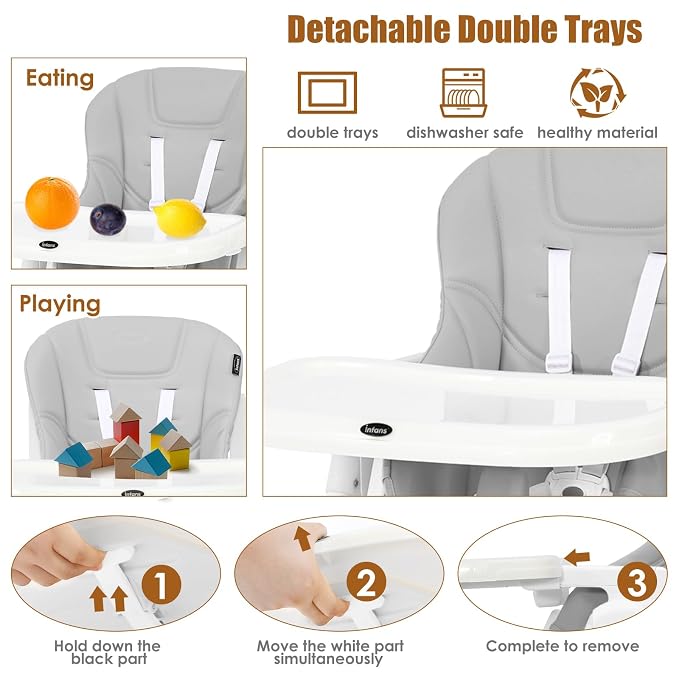 INFANS High Chair for Babies & Toddlers, Foldable Highchair with Multiple Adjustable Backrest Footrest Seat Height, Removable Tray, Detachable PU Leather Cushion Wheels (with Booster, Light Grey)