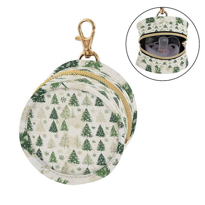 Pacifier Holder with Clip Pacifier Case for Diaper Bag Round Baby Pacifier Pouch Box Bag Portable Tree Green Christmas