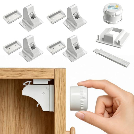 Magnetic Cabinet Locks 4 Locks + 1 Key, Baby Proofing Child Safety Locks for Cabinets and Drawers, Invisible No Drill Adhesive Design with Easy Installation Template & Screws, Starter Kit