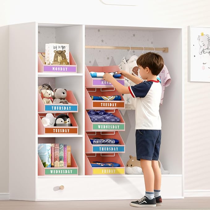 DIMJ Closet Organizers Storage Bins - Clothes Organizer Kids with Weekly Labels & Frame, Stackable Basket Organization, Foldable Shelf Storage Container for Wardrobe Bedroom