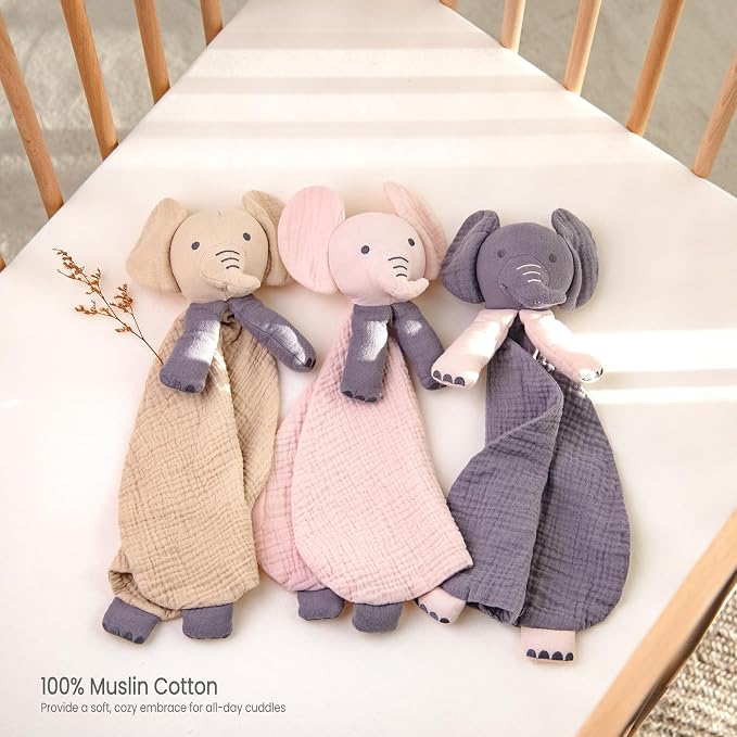 lulumoon Muslin Elephant Lovey for Babies: Skin-Friendly Security Blanket for Self-Soothe - Newborn Gift for Baby Shower