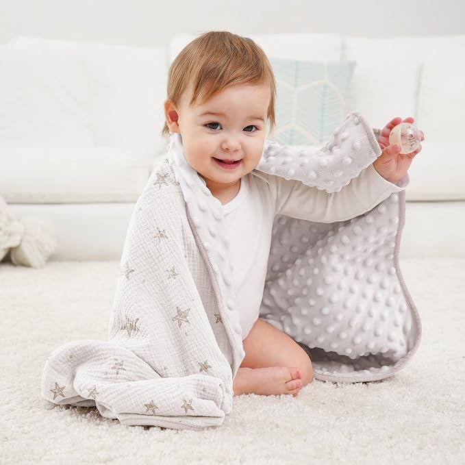 Susurration Baby Blanket for Unisex Boys Girls, 2 Pack Soft Fluffy Crib Blankets with Muslin Cotton Front and Dotted Fleece Back, Receiving Blanket for Baby Newborn Infant, 30x40inch, Beige Star&Grey