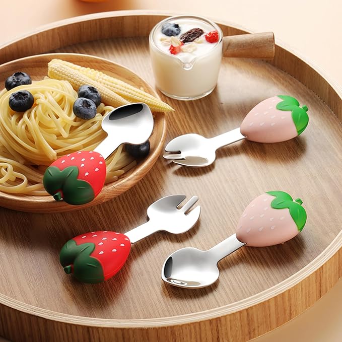 Toddler Utensils 4-Pack, Stainless Steel Toddler Forks and Spoons Set with Cute Mushroom& Strawberry Silicone Handles, Baby Kids Utensils, Children Safe Forks and Spoons Dishwasher Safe