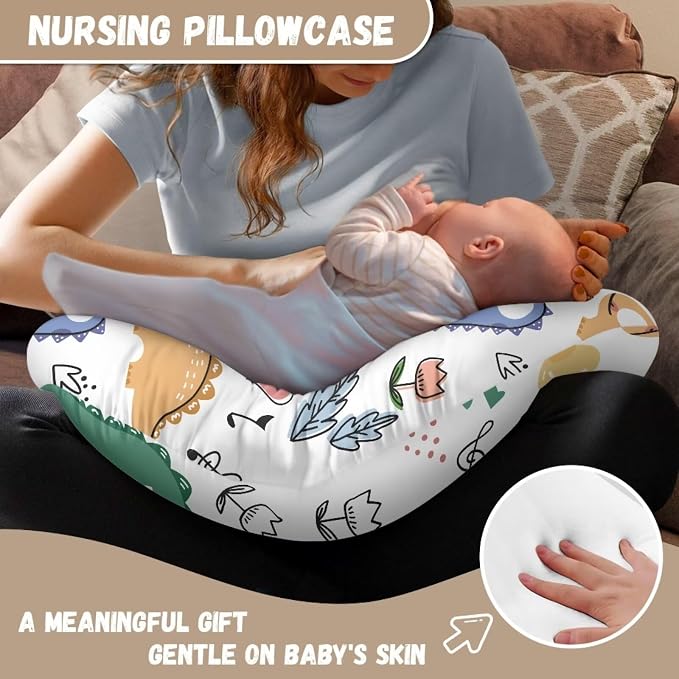 Cartoon Dinosaur Breastfeeding Pillow Cover for Boys Girls Durable Skin-Friendly Fabric Newborn Nursing Pillow Replacement Case with Hidden Zipper
