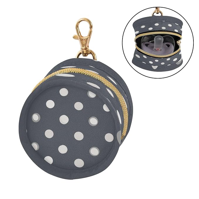 Pacifier Holder with Clip Pacifier Case for Diaper Bag Round Baby Pacifier Pouch Box Bag Portable Grey Polka Dots