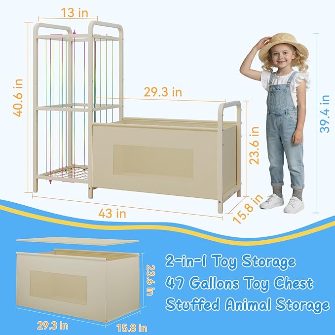 B10 Toy Storage Organizer with Stuffed Animal Storage, Large Toy Box Chest and Stuffed Animal Holder Zoo Organizer with Elastic Ropes for Nursery, Kids Room, Playroom, Bedroom, Beige
