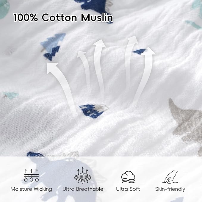 david's kids Muslin Cotton Baby Sleep Sack 12-18 Months, 2 Pack 100% Cotton Sleeping Bag for Summer, TOG 0.5 Baby Wearable Blankets with 2-Way Zipper, Soft Sleep Sacks for Newborn Infant, Dinosaur