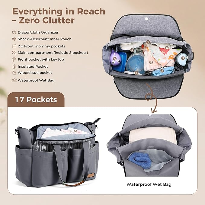 Lekebaby Diaper Bag Tote, 17 Pockets Large Travel Diaper Tote Waterproof with Portable Changing Pad, Mom Crossbody Hospital Bag for Labor Delivery, Baby Essentials for Newborn Gifts, Grey