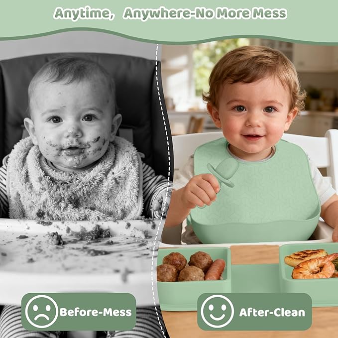 Green Foldable Silicone Baby Feeding Set, Portable Travel Baby Feeding Essentials Including Toddler Plates, Silicone Baby Spoon&Fork, Adjustable Foldable Bib, Portable Infant Toddler Utensils