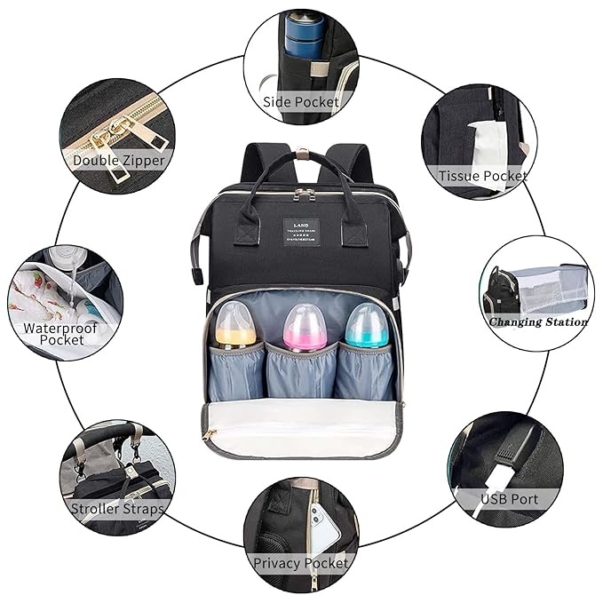 ANWTOTU Baby Diaper Bags with Changing Station,Waterproof Diaper Bag Backpack for Moms Dads with USB Charging Port,Large Capacity Multifunctional Baby Essentials(Black)
