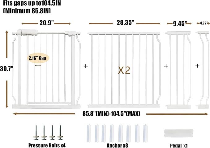 Extra Wide Baby Gate 85.8-104.5 Inch, Pressure Mounted No Drilling, for Stairs & Doorways, Metal White Indoor Safety Gate for Kids and Dogs