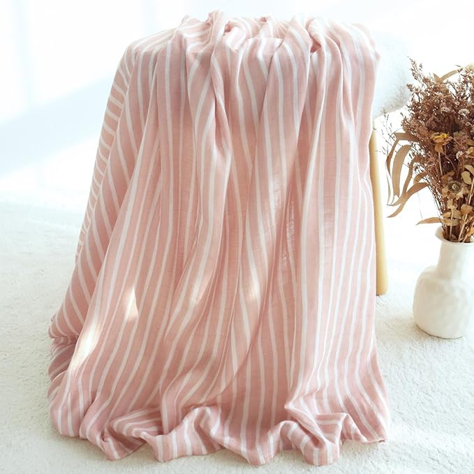 LifeTree Baby Swaddle Blankets, Boys Girls Muslin Swaddling Wrap Receiving Blanket for Newborn, 70% Viscose from Bamboo and 30% Cotton, Large 47" x 47", Pink Floral and Stripe