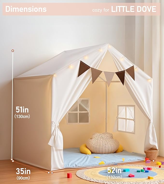 Little Dove Kids Tent, Play Tent with Star Lights, Large Play Tents with 2 Windows, Kids Playhouse Indoor & Outdoor, Reading Nook, Christmas Toddler Tents for Girls & Boys, 52" x35" x 51", Cream