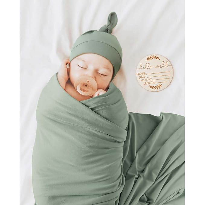 MairMore Baby Swaddle Receiving Blankets with Matching Beanie Set Newborn Nursery Swaddle Wrap for Baby Girls and Boys (Green)
