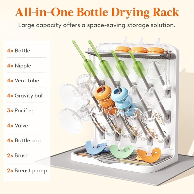 Lifewit Large Baby Bottle Drying Rack with Drain Mat & 15 Hooks, Newborn Essentials Must Haves, Countertop Holder Organizer for Baby Stuff, Rack Dryer for Pacifiers, Weighted Straws, Pump Parts