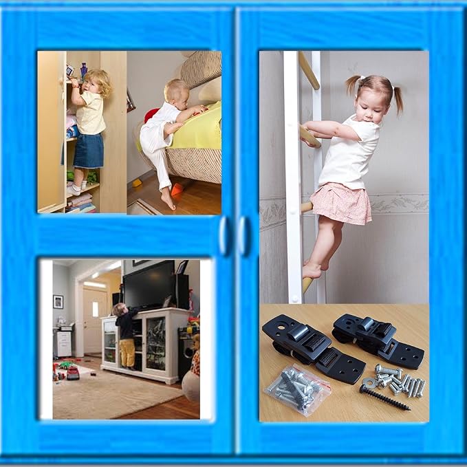 TV & Furniture Anti-Tip Straps - Anchors Any Flat Screen or Furniture, Extra Strong Hold - 2 Pack Black - Childproofing for Light & Heavy Furniture - Door Slam Guard Included