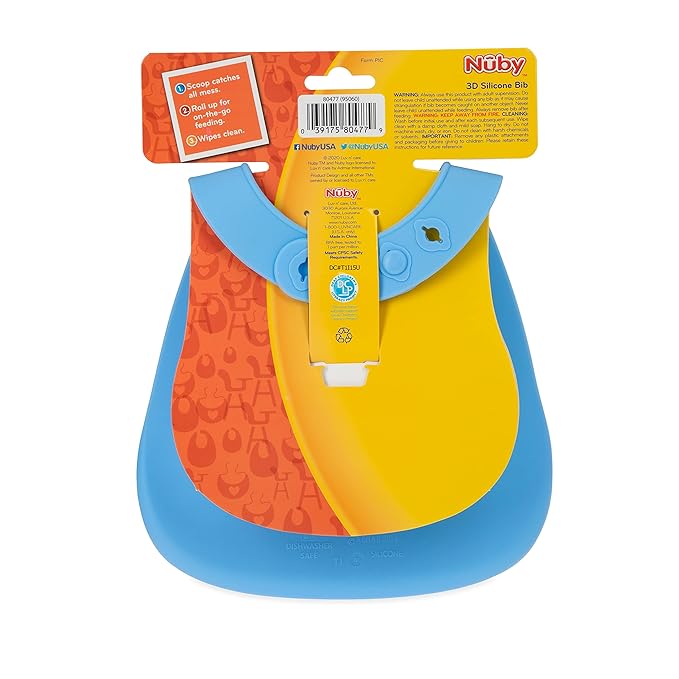 Nuby 3D Soft Silicone Baby Bib with Scoop - Silicone Bib for Toddlers and Babies 6+ Months - Suspenders and Bow Tie