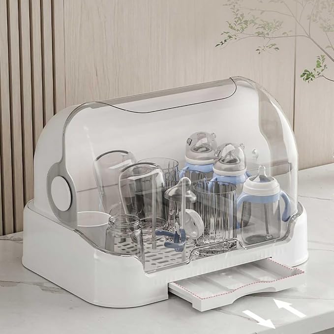 Baby Bottle Drying Rack with Lid Baby Bottle Storage with Removable Drain Tray Space Saving Baby Bottle Rack Dryer Reusable Bottle Rack Holder for Baby (E, 40 * 29 * 27CM)