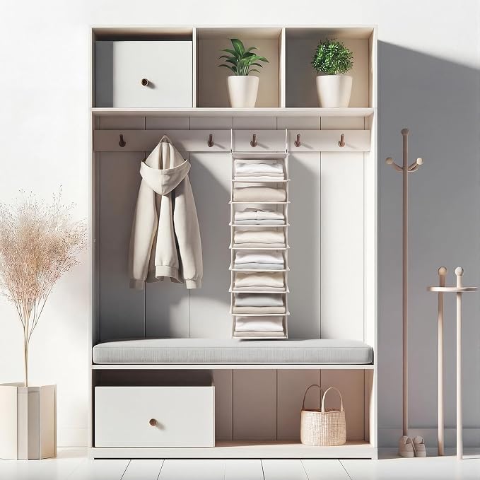 Tudomro 8 Tier Closet Organizer Hanging Canvas Clothes Storage Shelves with Metal Hooks for Rod Wire Foldable Breathable Beige 28" L x 8" D x 11.5" H Closets for Sweaters and Clothing
