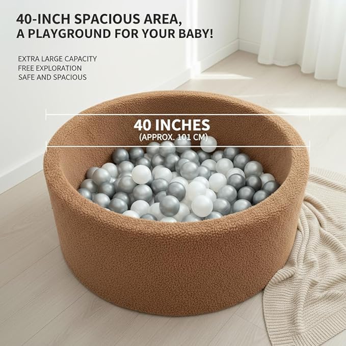 Foam Ball Pit for Toddlers - 36.5" x 13.2" Toddler Ball Pit (Includes 150 Balls),100% Cotton Cover & High-Resilience Memory Foam, Machine Washable, Foldable for Indoor/Outdoor (Brown)