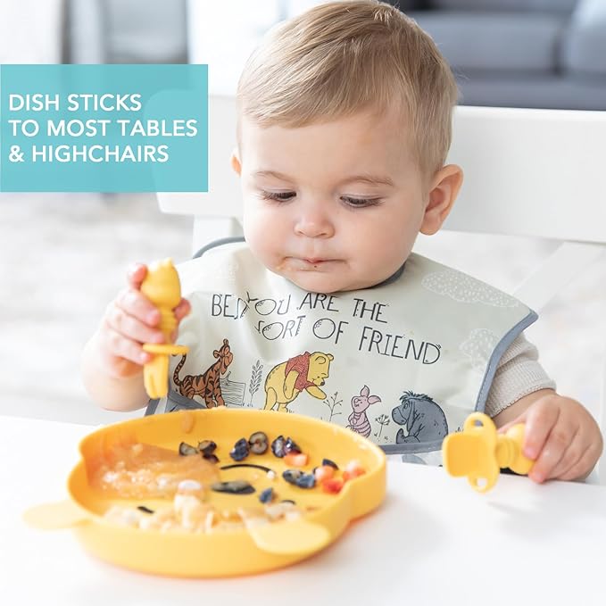 Bumkins Disney Winnie the Pooh - Silicone Grip Dish, Training Chewtensils - For Ages 6 Months+ - Suction Base - 100% Food-Safe Silicone - Oven, Microwave, Freezer, & Dishwasher Safe