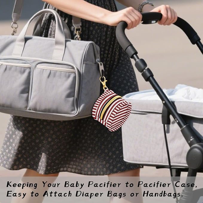 Wine Red Stripes Pacifier Holder Case Newborn Pacifier Storage Pouch for Boys Girls Easy Attach to Diaper Bag Portable Baby Essentials Container
