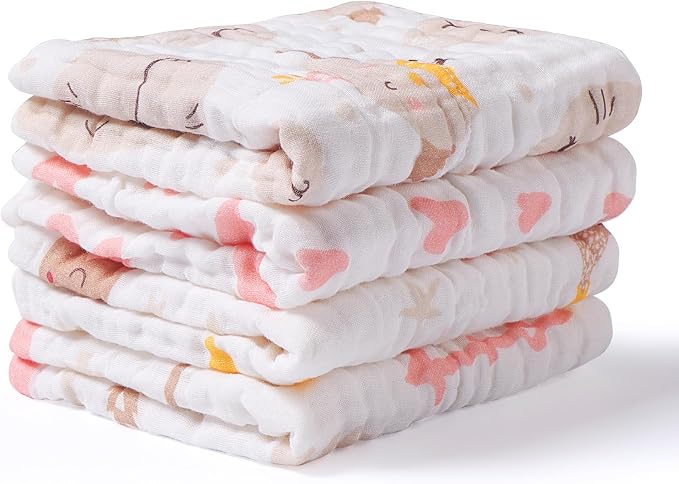 Viviland Baby Muslin Burp Cloths, 10 x 20 inches 6-Layer Baby Bath Towels, 100% Cotton Super Absorbent Washcloths for Baby Girl and Boy, Pink Heart & Star Pattern 4 Pack