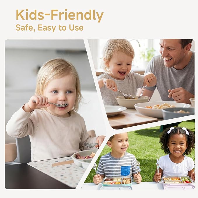 KINGSTONE 2-Piece Kids Silverware Set, Large Fork & Spoon with Storage Case, 18/10 Stainless Steel, Cat & Dog Print, Ergonomic, Lightweight, Self-Feeding Baby Flatware for Travel & Home