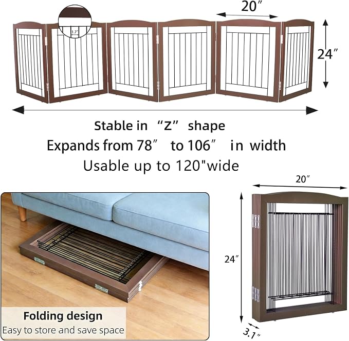 ZJSF Freestanding Foldable Dog Gate for House Extra Wide Wooden Brown Puppy Gate Stairs Dog Gates Doorways Tall Pet Gate 24 "Height 6 Panels Pet Fence