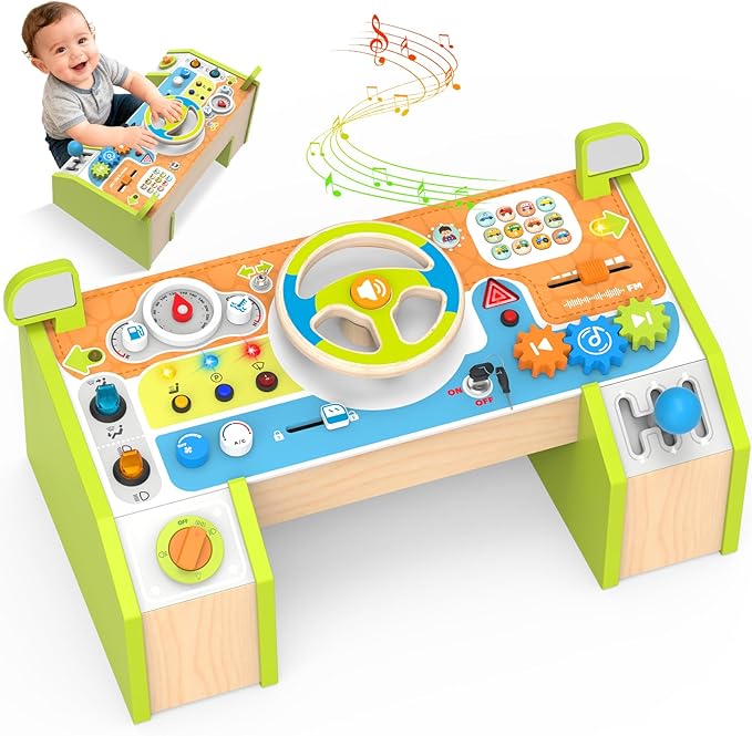 Montessori Busy Board Car Steering Wheel Toy for Toddlers 1-3, Wooden Sensory Activity Board with Light Sound, Educational Toys for Fine Motor Skills, Birthday Gift for Boys Girls