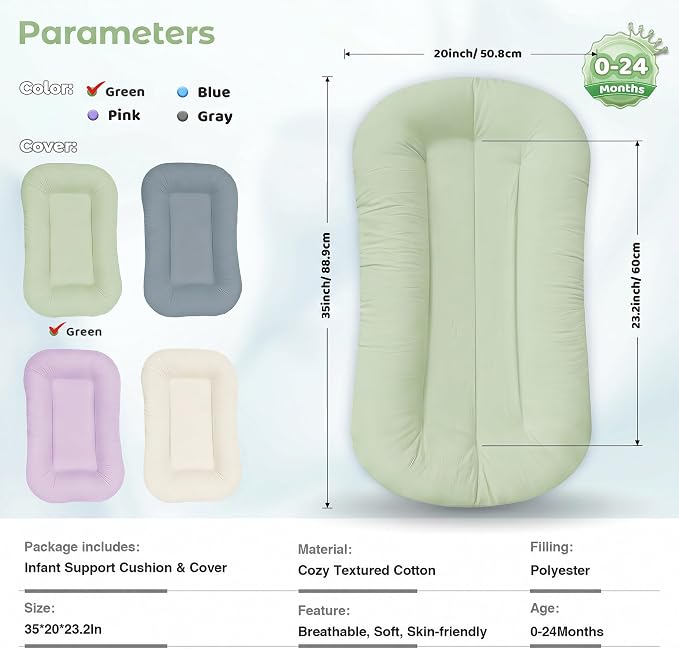Infant Support Cushion - Baby Support Cushion for Newborn, 0-24 Months, Breathable Cotton Tummy Time Mat, Supervised Use, Portable Newborn Essentials for Home and Travel, Sage Green (Cover Included)