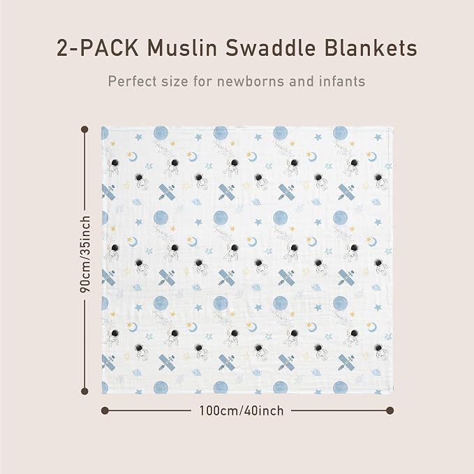 GLLQUEN BABY Muslin Swaddle Blankets Breathable Receiving Blankets (35" x 40") 2-Pack Soft Baby Blankets for Girls and Boys Newborn Essentials Muslin Burp Cloths Swaddle Wrap Baby Gift(Astronaut)