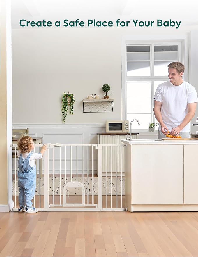 Babelio Baby Gate with Cat Door, CatPrivilege ?? Extra Wide 29-55" Cat Gate, 30" Tall Pressure Mounted Safety Gate for Large Openings, Stairs & Doorways, Auto Close, White