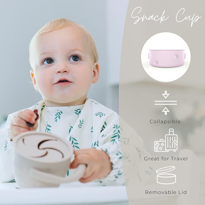 Baby Feeding Set - Baby Must Haves Gift Set - Baby Led Weaning Supplies - Toddler Silicone Dishes - Suction Baby Bowl, Bib, Snack Cup, Utensils, Baby Plate (Lilac)