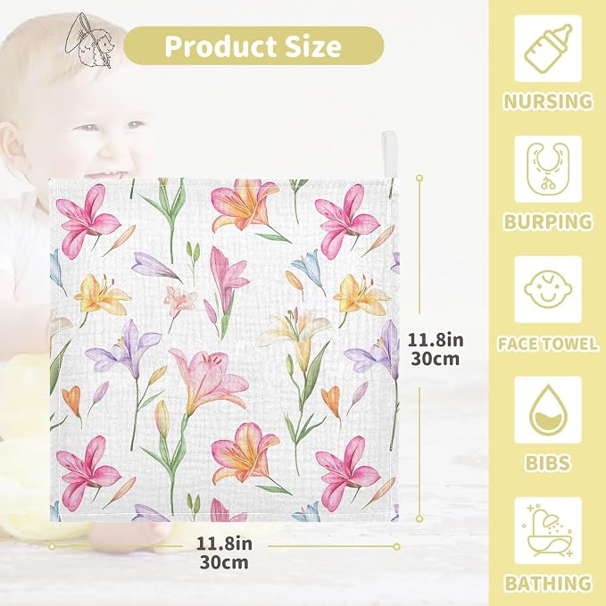 vvfelixl Colorful Lilies Baby Burp Cloths Baby Muslin Washcloths for Boys Girls Cotton Babys Face Towel for Newborn Soft 11.8 X 11.8 in, 5 Pack