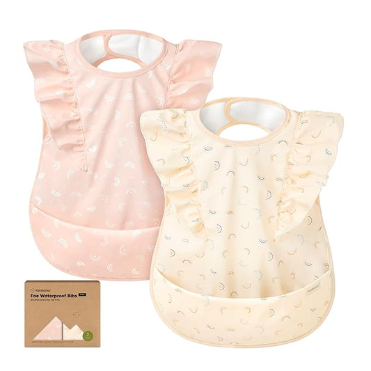 KeaBabies Waterproof Bibs for Baby Girl,Boy ??2-Pack Lightweight, Large Baby Bibs for Eating, Wearable Food Catcher, 6-12 Months Infant Feeding Essentials, Smock for Toddlers 1-3, Kids (Jolly Rainbow)