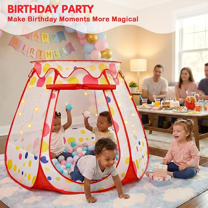 PopUp Princess Tent, Toddler Girl Toys Baby Ball Pit with LED Star Lights, Foldable Kid Play Tent with Carrying Bag, Indoor Outdoor 1 2 3 Year Old Girls Toy Gift for Birthday/Christmas, Red